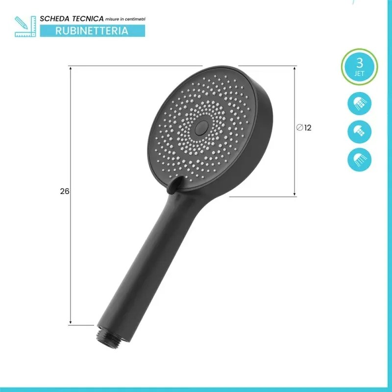 Doccetta tonda moderna 26cm nero opaco a tre getti in ABS anticalcare Hidra