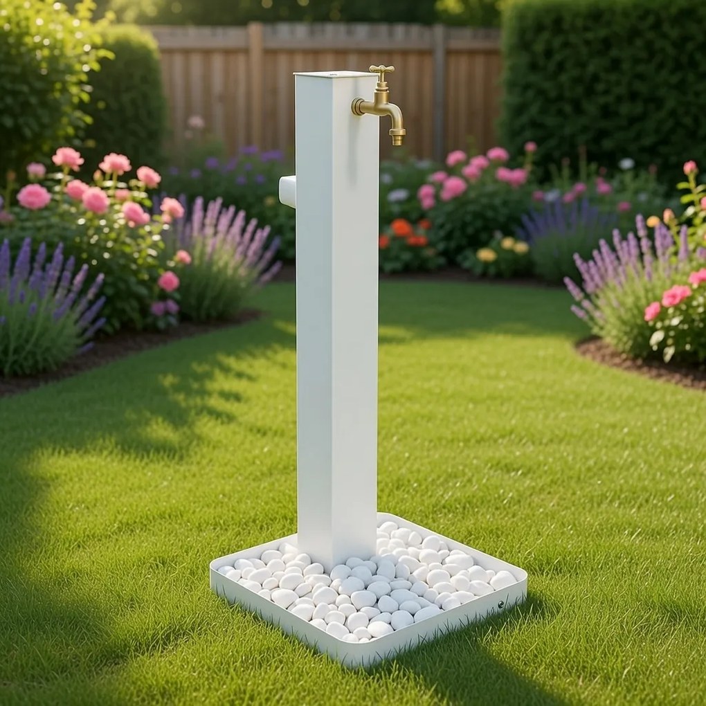 Fontana da Giardino con Rubinetto in Ottone e Base con Ciottoli 40x40x97 cm in Acciaio Bianco...