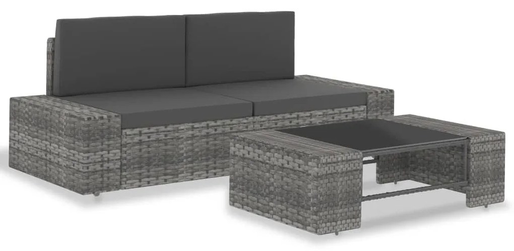 Set divani da giardino 3 pz in polyrattan grigio