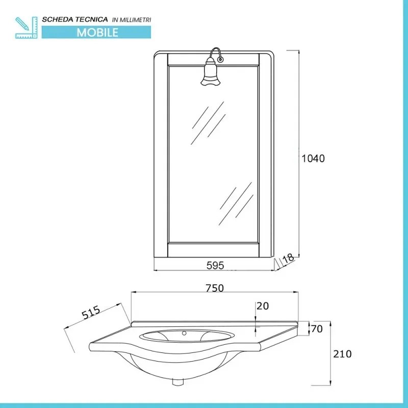 Mobile bagno a terra 75 bianco decape con lavabo e specchio Romantica