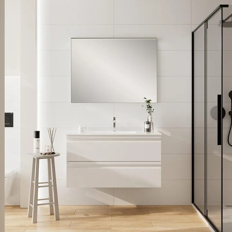 Mobile Pull L100 H55 P45 bianco opaco laccato 2 cassetti a chiusura ammortizzata e lavabo in ceramica vasca centrale, piedini non inclusi
