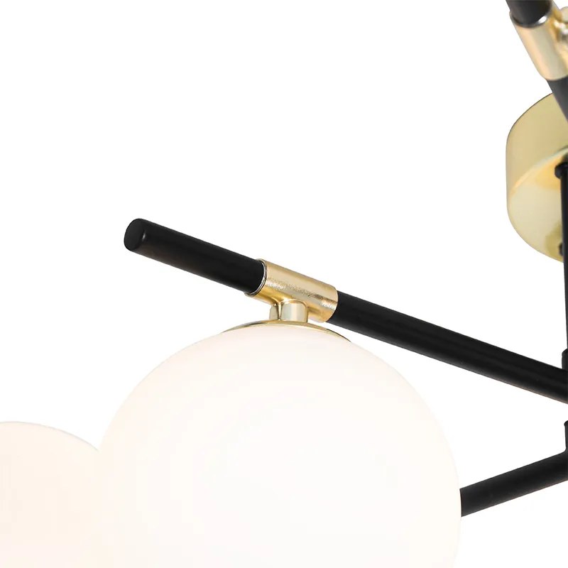 Plafoniera Art Déco nera con oro e vetro opalino 6 luci - Lynn