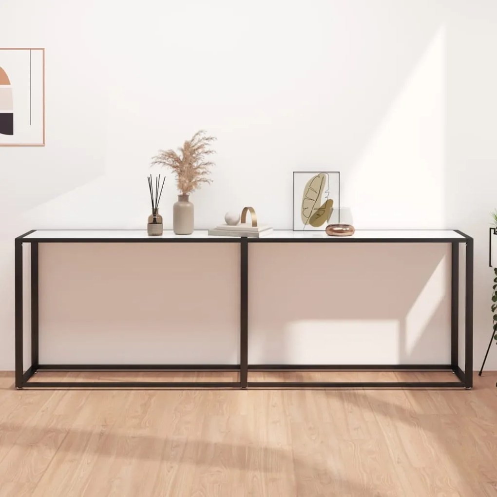 Tavolo Consolle Marmo Bianco 220x35x75,5 Cm İn Vetro Temperato /