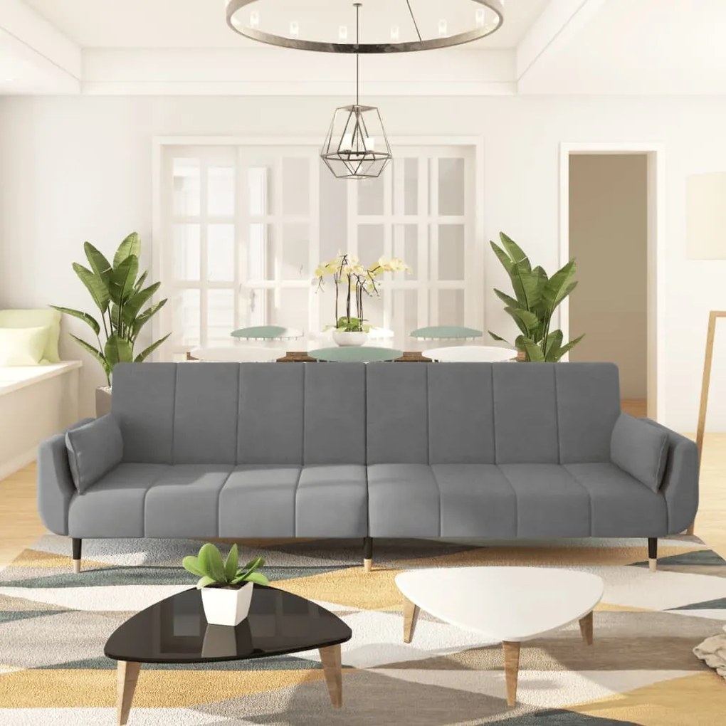 Divano Letto A 2 Posti Con 2 Cuscini Grigio Chiaro İn Velluto /