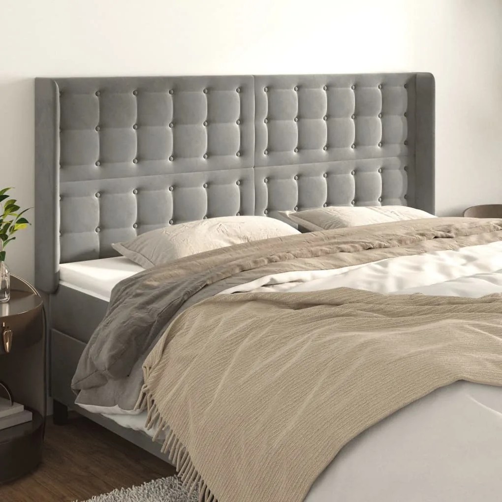 Testiera Ad Orecchio Grigio Chiaro 203x16x118/128 Cm İn Velluto /