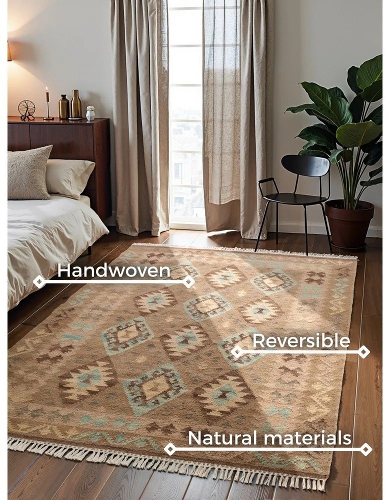 Tappeto azzurro/beige in lana reversibile/tessuto a mano 200x290 cm Kamal Dune – Nouristan