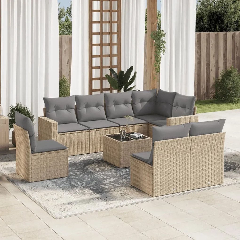 Set divano da giardino 9 pz con cuscini beige in polyrattan