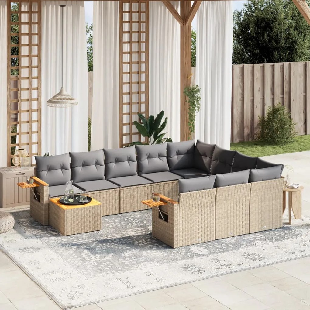 Set divani da giardino 11 pz con cuscini beige in polyrattan