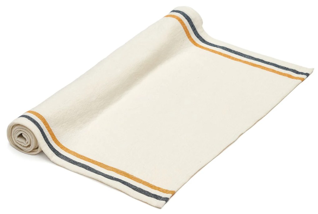 Kave Home - Runner da tavola Vallcanera in cotone e lino e righe senape e blu 50 x 160 cm
