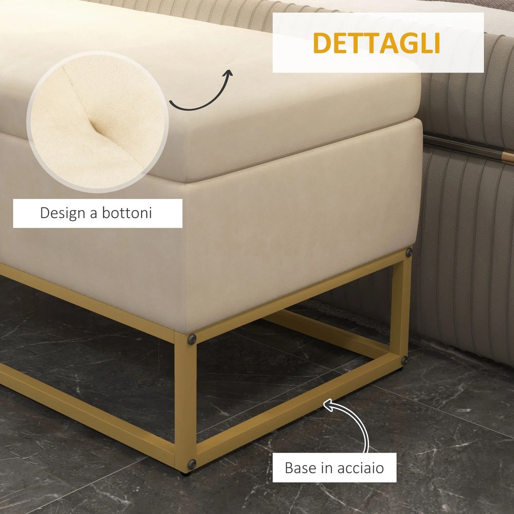 Panca Contenitore Rettangolare 110x44x49 cm con Seduta Imbottita e Gambe in Acciaio Beige...