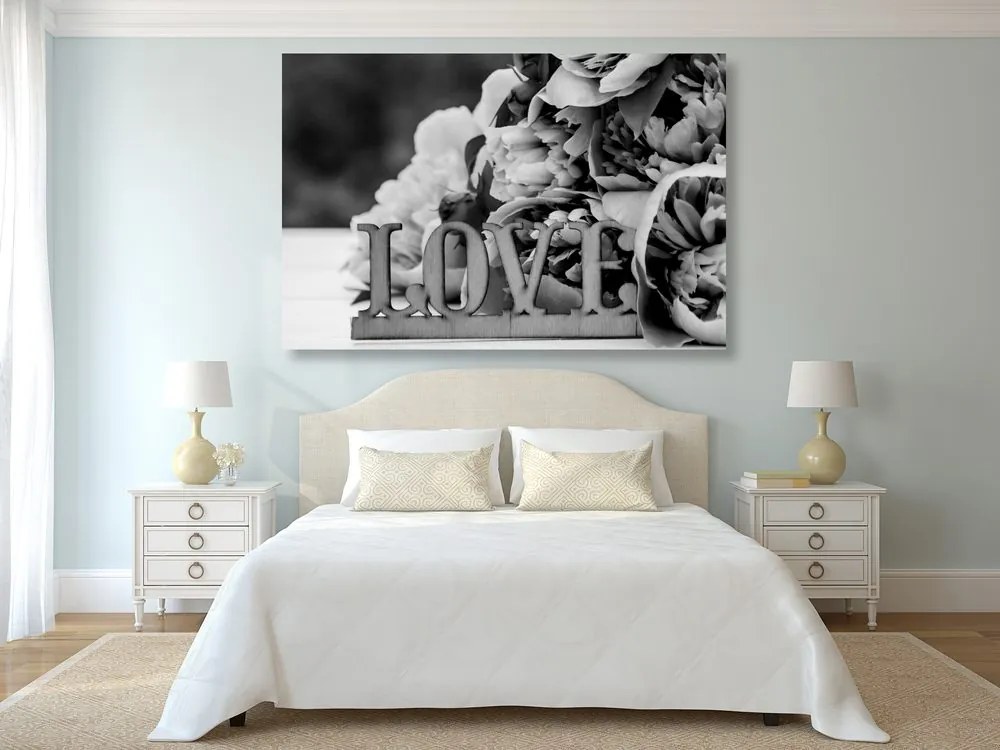 Stampa su tela – Peonie con scritta Love in bianco e nero