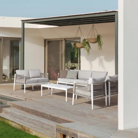 Salotto in corda da esterno tortora e bianco con tavolino e cuscini Calypso Bizzotto