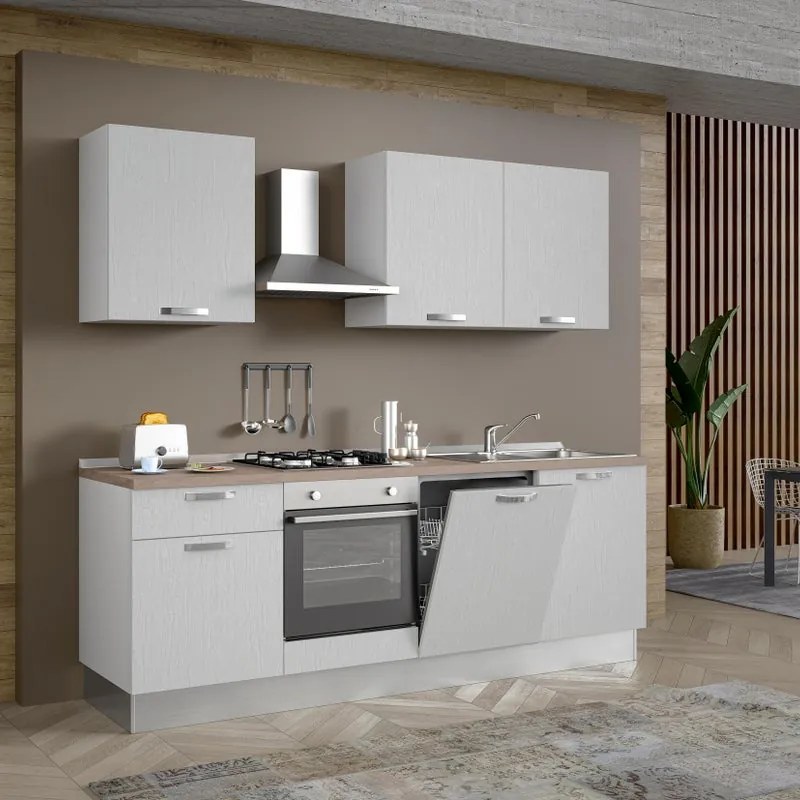 Cucina montata Dora bianco spatolato, lavello a destra, L 240 cm, completa di: cappa a camino, piano cottura a gas, forno e lavastoviglie