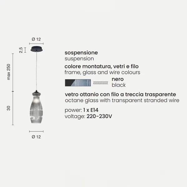 Lampada sospensione D12 cm in vetro soffiato Ottanio - MADAGASCAR Mod3