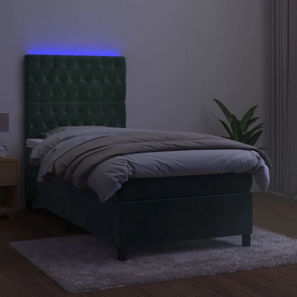 Letto a molle con materasso e led verde scuro 90x200cm velluto