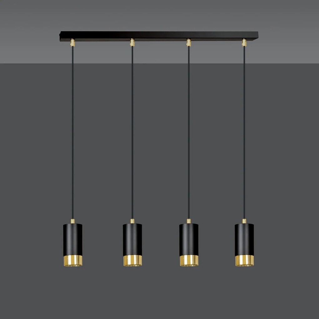 Lampadario 4 Luci Ivar Con Cilindri In Acciaio Nero E Oro
