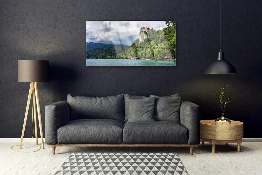 Quadro acrilico Castello nel paesaggio della foresta delle montagne 100x50 cm