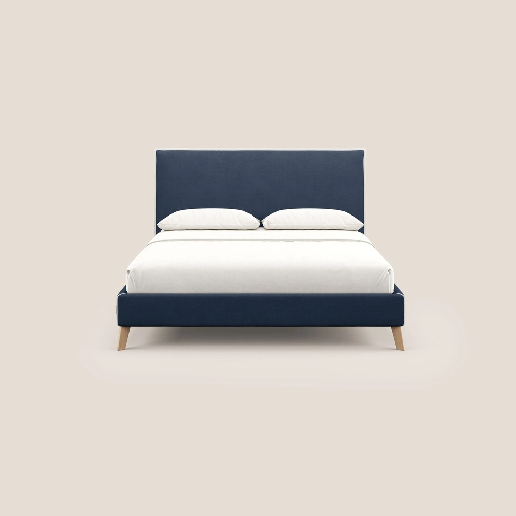 Leila letto imbottito con piedini legno in tessuto smacchiabile T17 blu - bianco