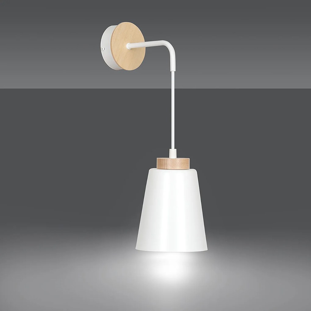 Applique 1 Luce Lancillotto A Cono In Acciaio Bianco E Legno Naturale