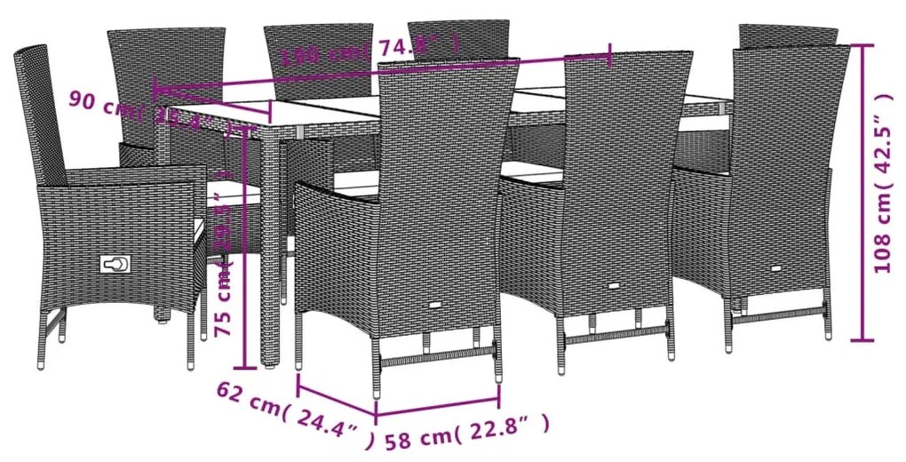 Set da Pranzo da Giardino 9 pz con Cuscini Beige in Polyrattan