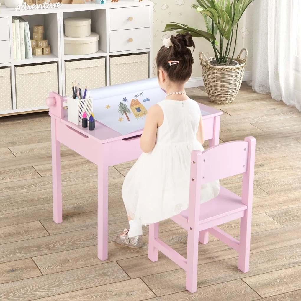 Costway Tavolo per bambini con sedia vano portaoggetti e portarotolo per disegnare giocare, Set di tavolino con sedia Rosa