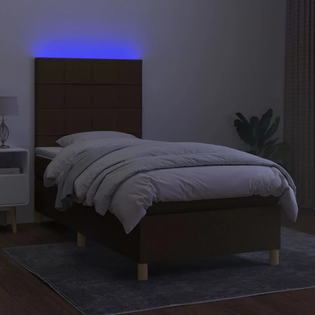 Letto a molle materasso e led marrone scuro 80x200cm in tessuto