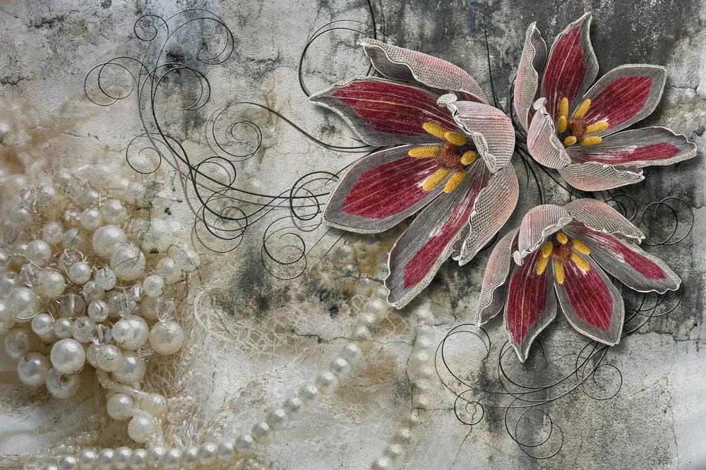 Carta da parati autoadesiva – Fiori con perle