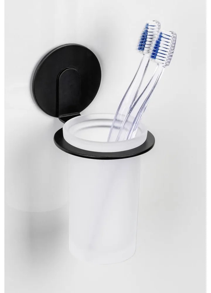 Bicchiere in vetro nero opaco autoportante per spazzolini da denti Bivio - Wenko