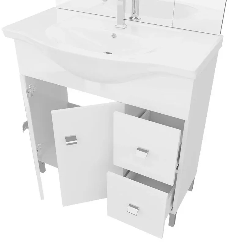 Mobile bagno a terra 85 cm Creta bianco lucido con lavabo e specchio con pensile