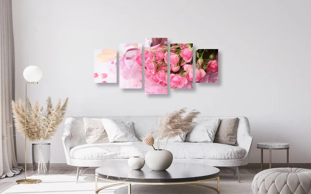 Quadri 5 pezzi – Bouquet romantico di rose rosa