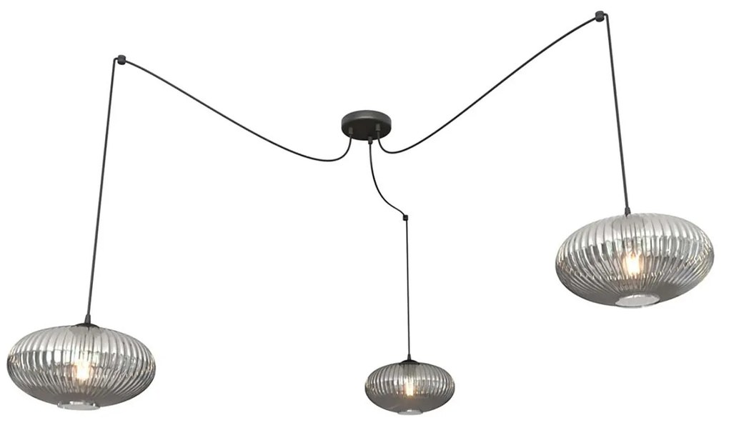 Lampadario 3 Luci Elios In Acciaio Nero Paralume Plissettato Fumè