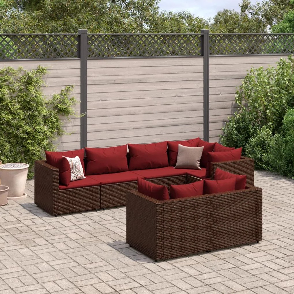 Set divani da giardino 7 pz con cuscini in polyrattan marrone