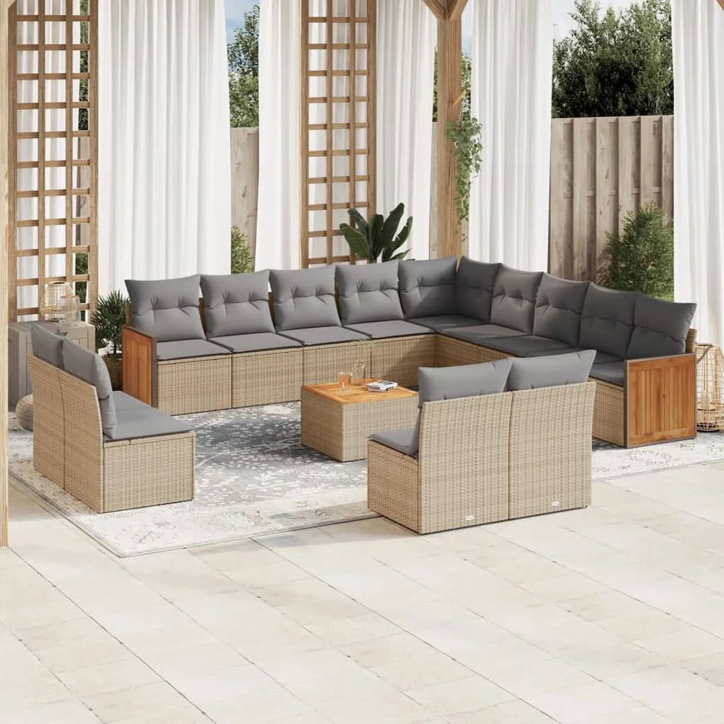 Set divani da giardino 14pz con cuscini in polyrattan beige