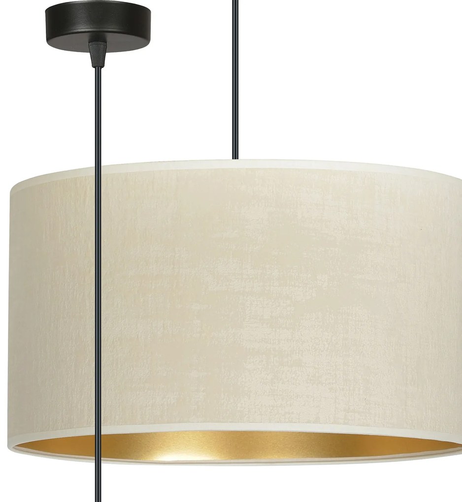 Sospensione 1 Luce Ganesha In Acciaio Nero E Paralume In Tessuto Beige