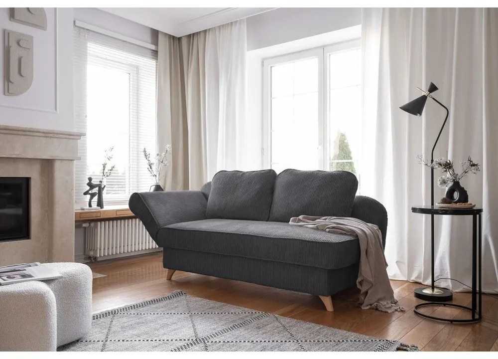 Chaise longue grigia (con penisola a sinistra) con rivestimento in velluto a coste Chic Charlotte – Miuform