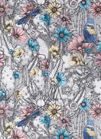 Matthew Williamson Carta da parati Cactus Garden - Gray/ Blush/ Blue/ Pale Lemon