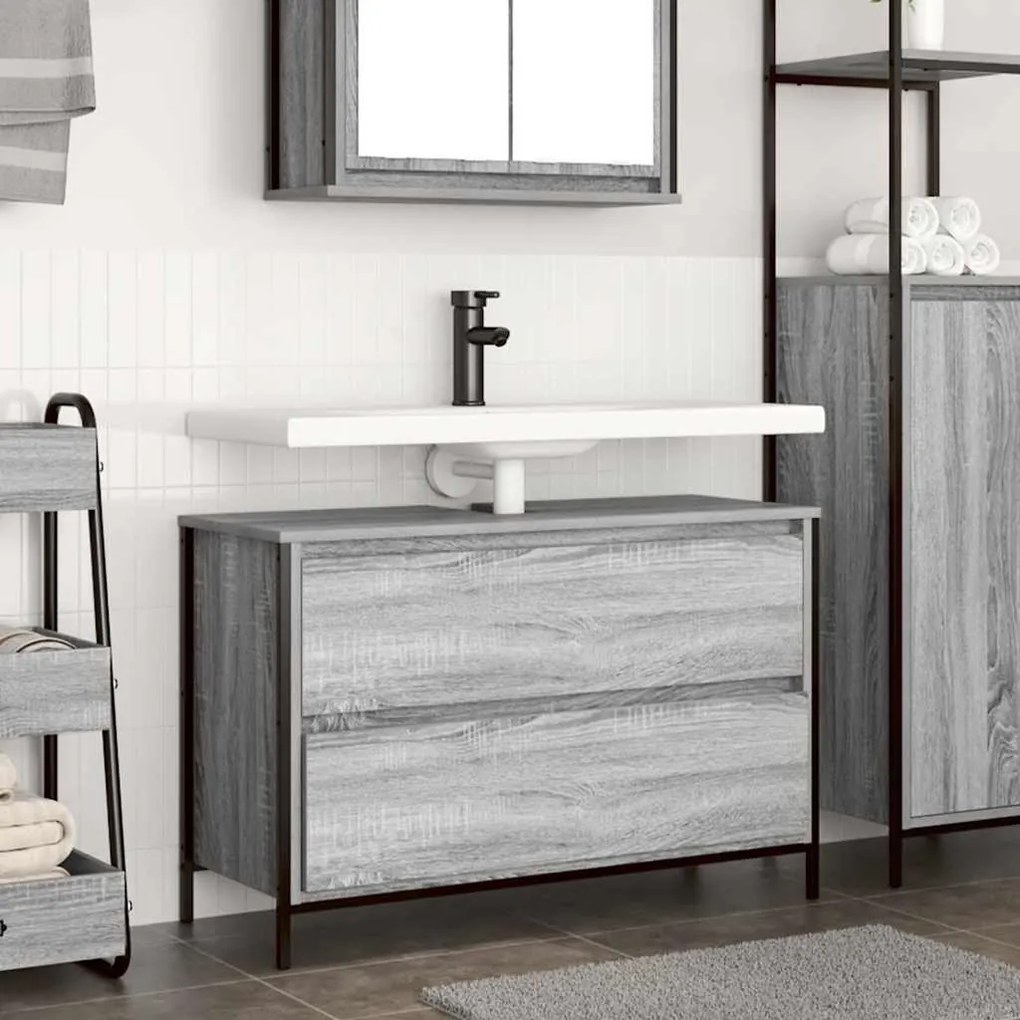 Mobile Lavabo Da Bagno Con Cassetti Grigio Sonoma 90x34,5x60 Cm /