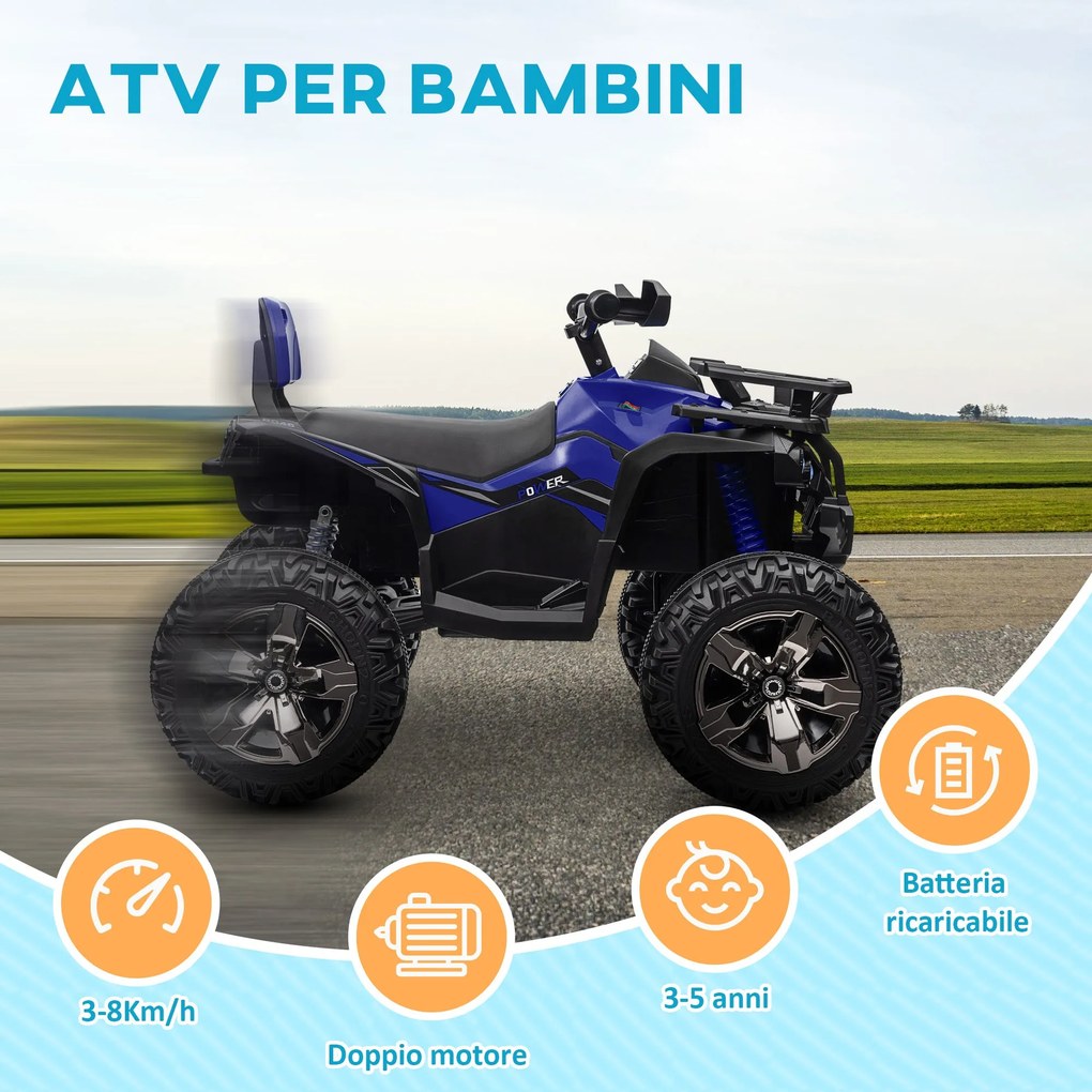 Quad Elettrico per Bambini 3-5 Anni a 12V con Fari e Pedale, in PP e Metallo 100x65x73 cm, Blu...