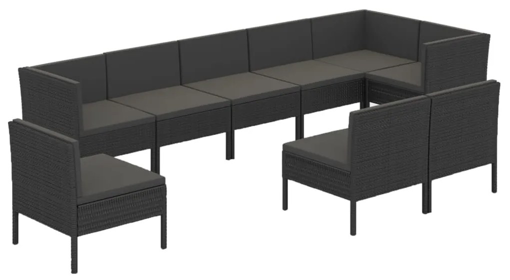 Set divani da giardino 9 pz con cuscini in polyrattan nero