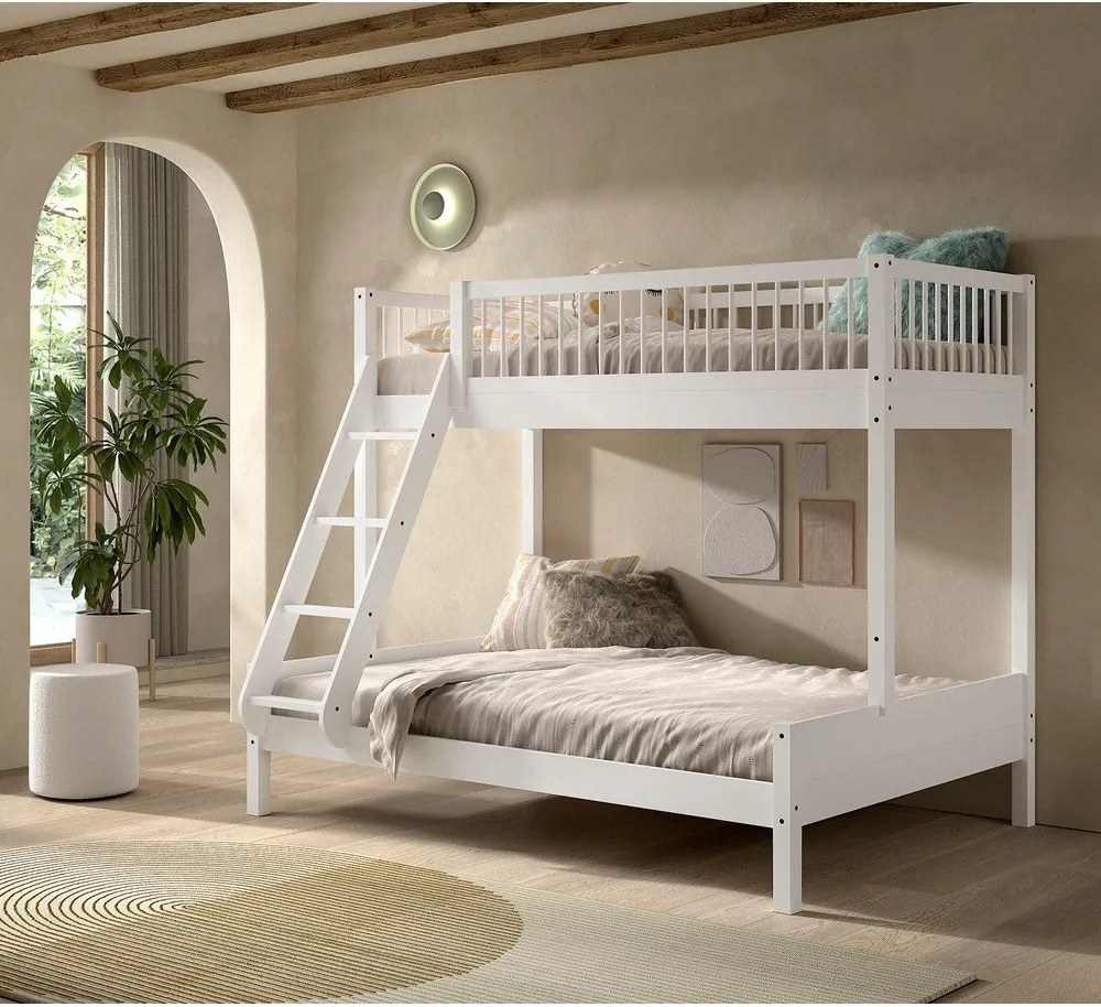 Letto da bambini a castello bianco in faggio massiccio con rete inclusa 140x200/90x200 cm Forrest – Vipack