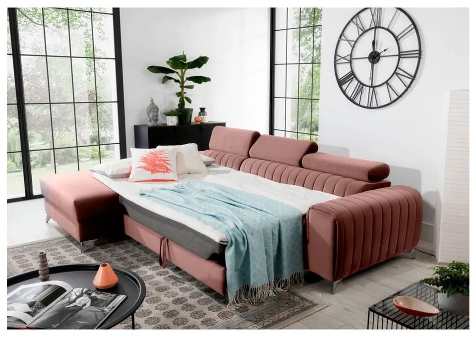 Divano angolare rosa allungabile/con contenitore (con penisola a sinistra/con chaise lounge) e rivestimento in velluto Grayson – ELTAP