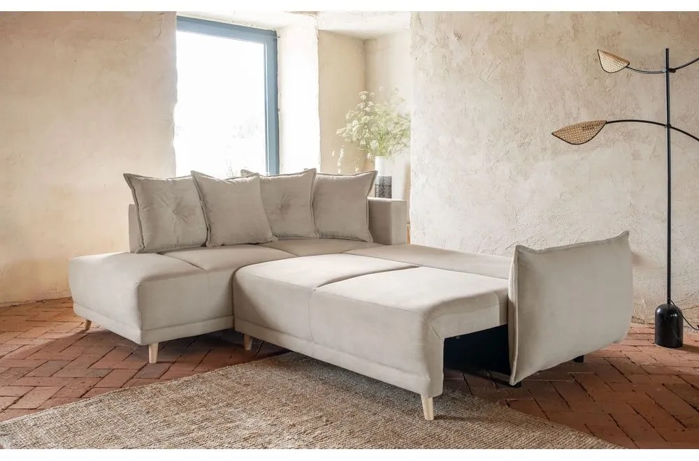 Divano letto in velluto a coste beige (angolo sinistro) Lazy Lukka - Miuform