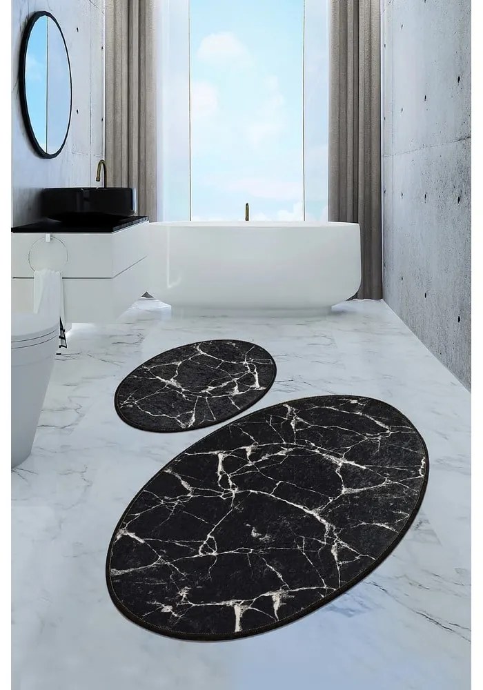Set di 2 tappeti da bagno ovali neri Marmo - Foutastic