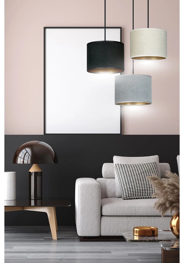 Lampadario Tondo 3 Luci Ganesha In Acciaio Nero E Paralumi In Tessuto Multicolore