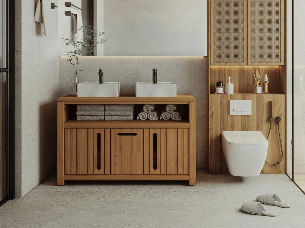 Mobile bagno in teak chiaro con doppio lavabo - 120 cm - SARATOK
