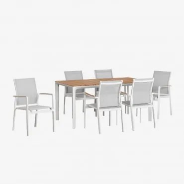 Set Tavolo Rettangolare Katiana In Alluminio E Legno Teak (160x90 Cm) E 6 Sedie Da Giardino In Alluminio Elvira Bianco - Sklum