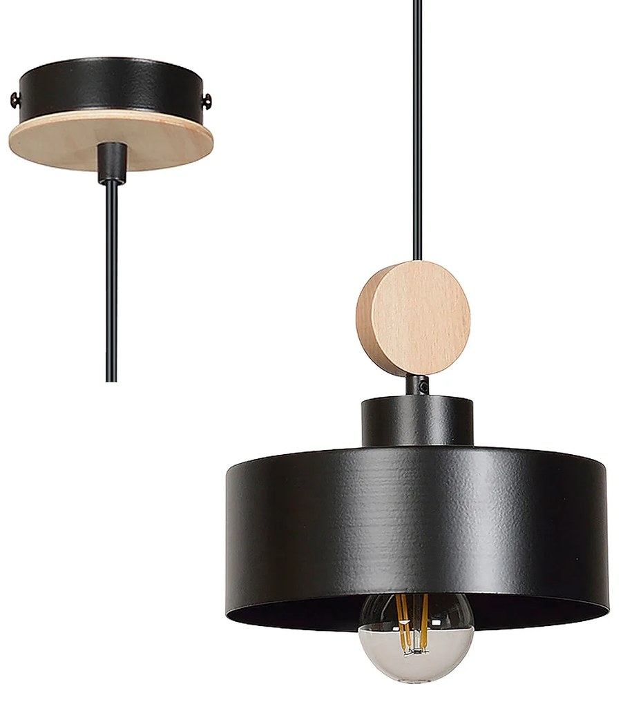 Sospensione 1 Luce Zhurong In Acciaio Nero E Legno Naturale