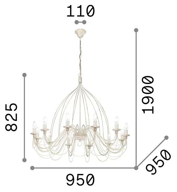 Lampadario Shabby Chic-Provenzale Corte Metallo Bianco 12 Luci E14