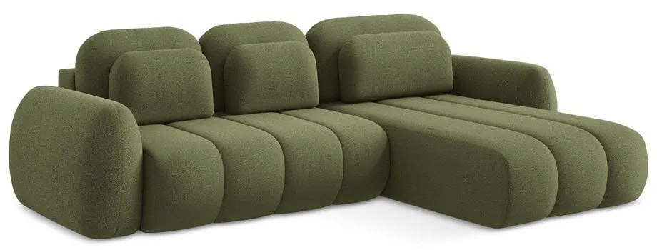 Divano angolare verde allungabile/con contenitore (con penisola a destra/con chaise lounge) con rivestimento in bouclé Pele – Makamii