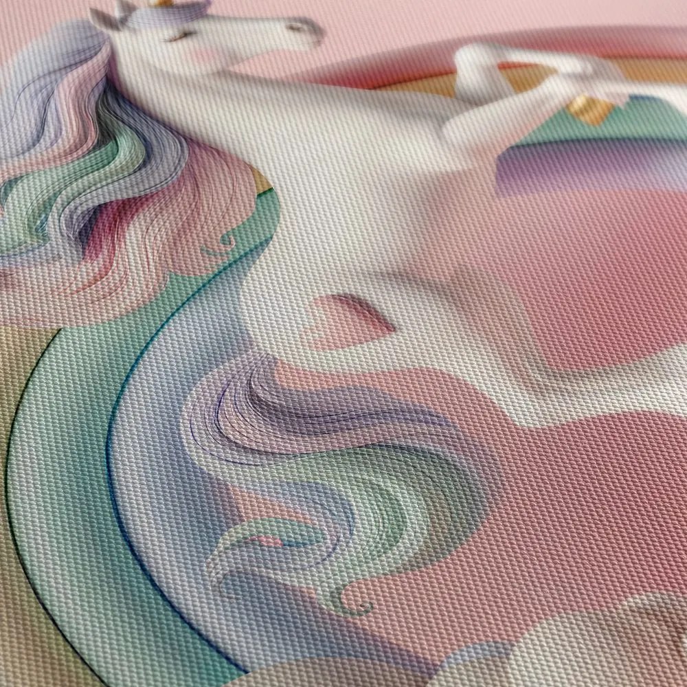 Quadro su tela – Mondo rosa con unicorno e arcobaleno